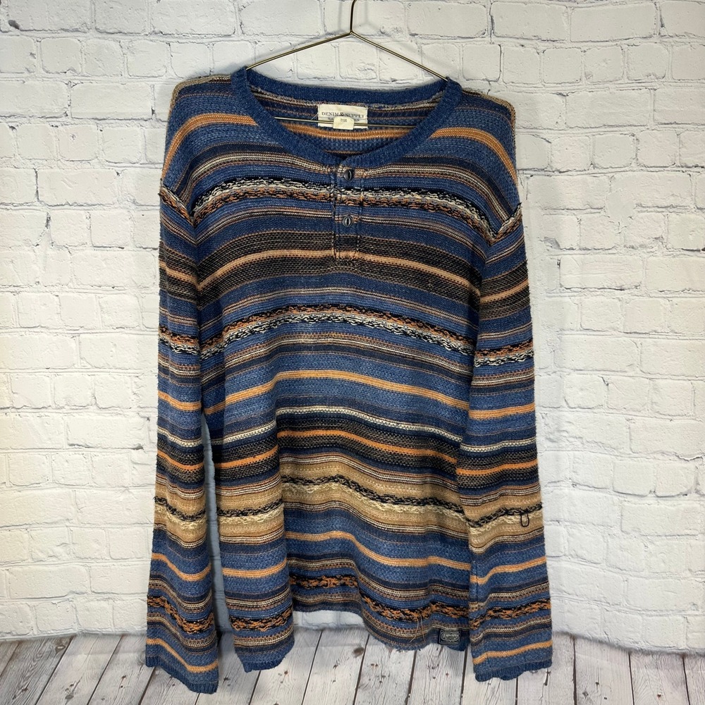Denim & Supply Ralph Lauren Mens XL Striped Cotton Henley Sweater Blue Orange